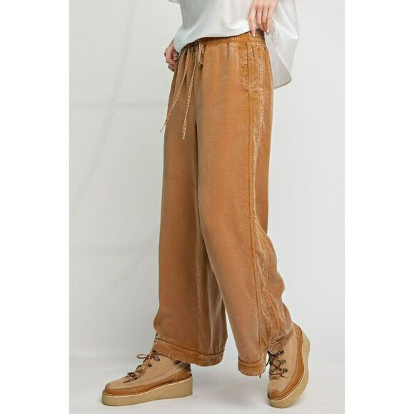 Easel Comfy + Cozy Mineral Washed Soft Twill Wide Leg Pants in Camel EB41434 - Picture 3 of 5